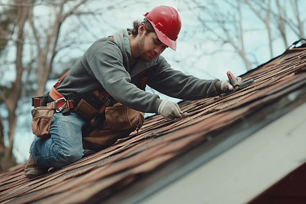 A man with a red hat is working on a roof, highlighting our roof repair services available in Spokane, WA.