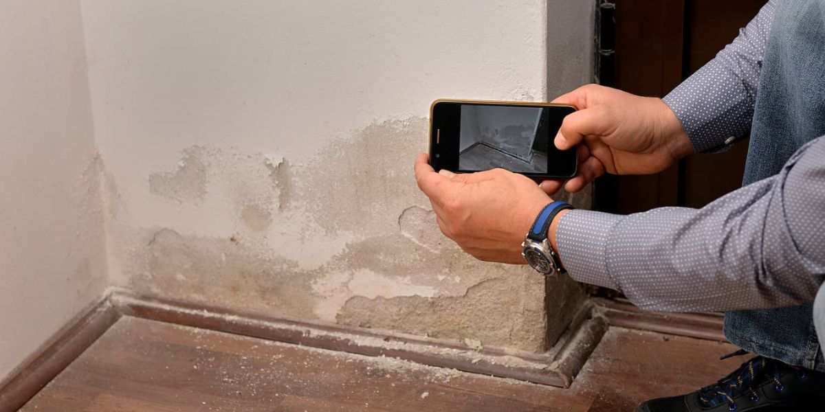 A man captures a photo of a wall using his cell phone, highlighting the importance of proper roofing and gutter maintenance.