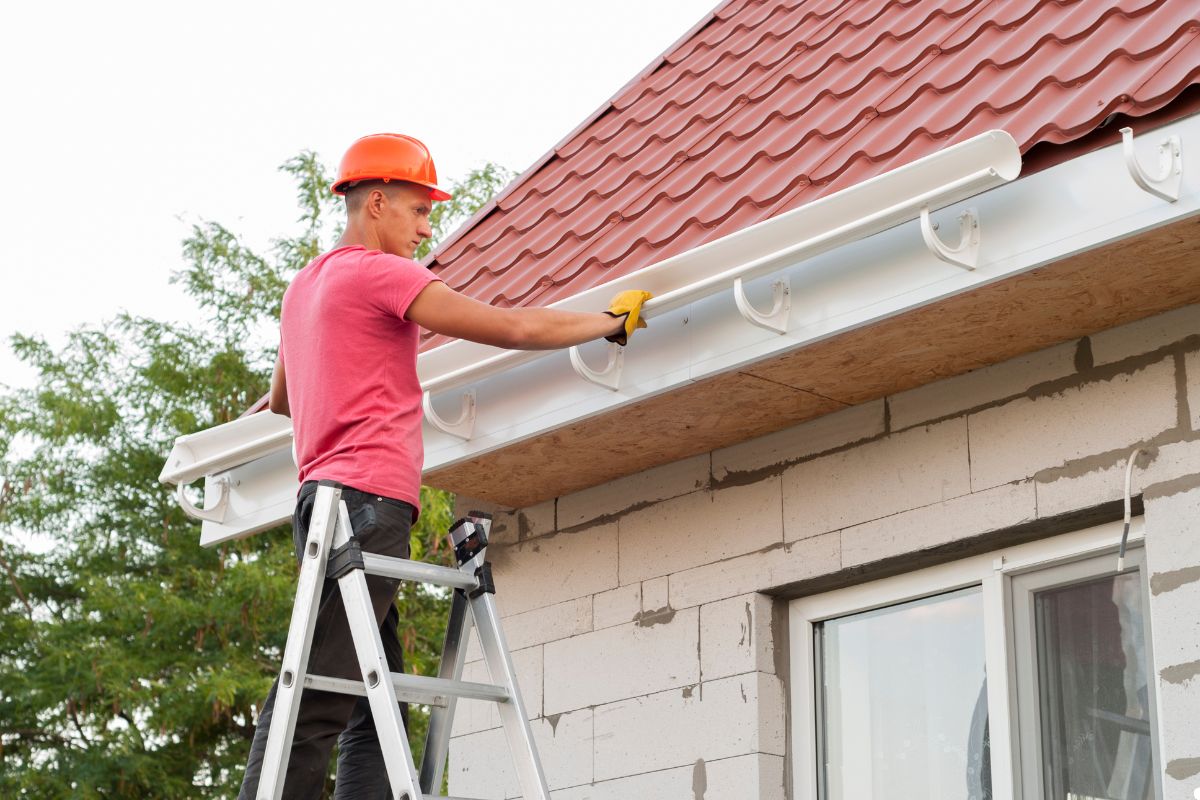 A man standing on a ladder, repairing a gutter on a house, wearing safety gear and focused on his task.